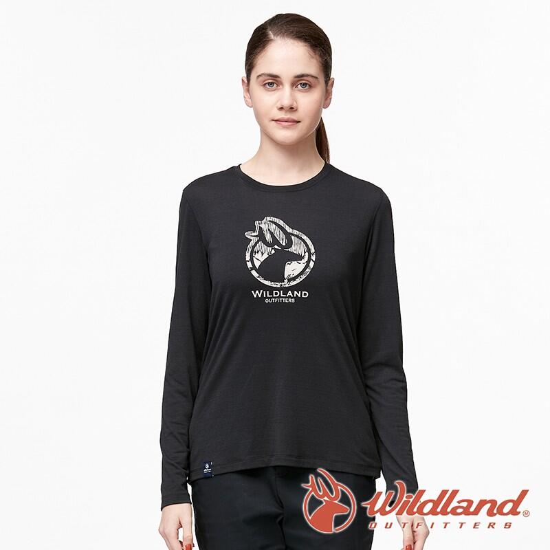 【wildland 荒野】女 彈性LOGO印花長袖上衣『黑色』0A91617
