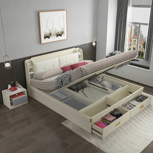 極簡2米寬白布紋氣動高箱儲物床1.5米收納臥室1.8米USB主臥雙人床