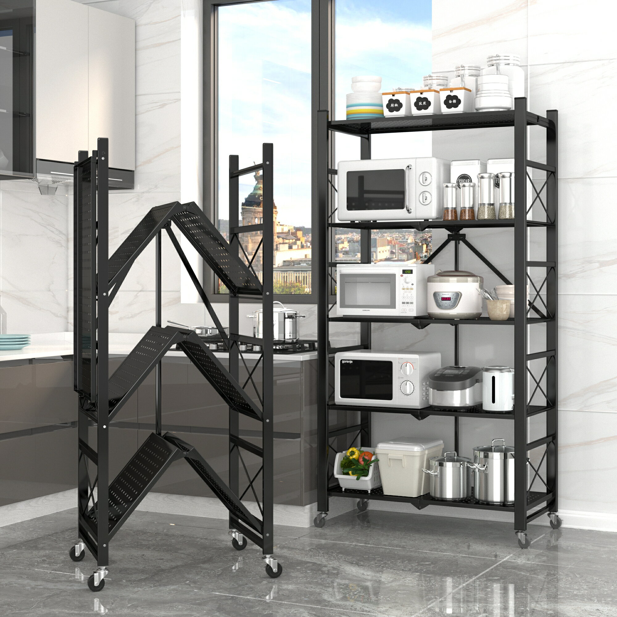 廚房置物架落地多層微波爐鍋具櫥柜免安裝折疊收納儲物架子置物架