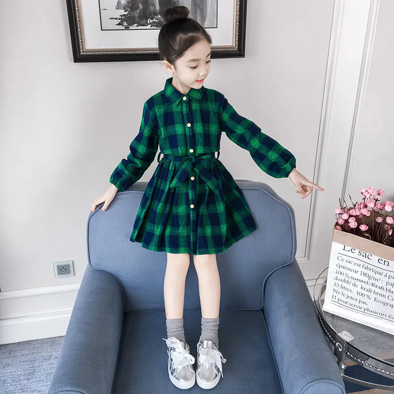 兒童洋裝 女童連身裙 春秋裝洋氣童裝A字裙 女孩裙子 韓版兒童格子裙 中大童長袖裙 女生連衣裙【不二雜貨】