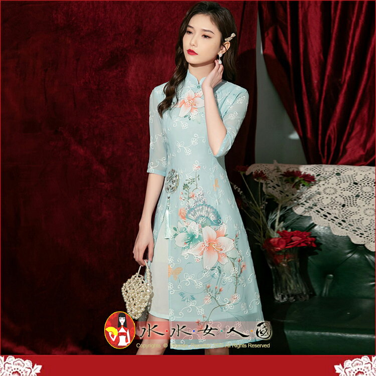 雪紡繡花七分袖旗袍 M-4XL加大 復古中國風經典改良式時尚修身超顯瘦A擺奧黛日常連身裙洋裝～美麗優雅風。百合(藍色)。水水女人國