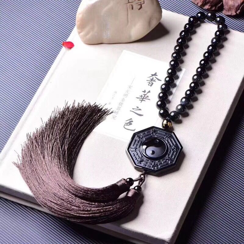 正品 天然黑曜石八卦牌車掛吊墜 招財辟邪吊墜中國結流蘇掛墜1入