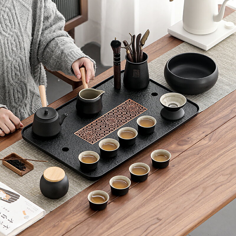 輕奢中式仿烏金石茶盤茶具套裝家用簡約現代小茶臺儲物儲排漏水盤