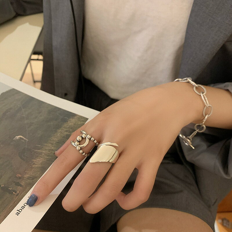 925純銀鏈條ins潮人復古戒指女小眾設計光面幾何個性食指開口指環