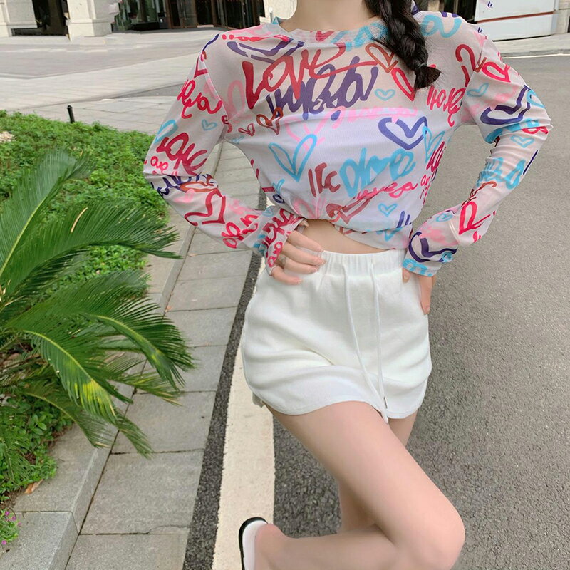 字母印花冰絲網紗防曬打底衫女新款夏季薄款罩衫長袖T恤上衣