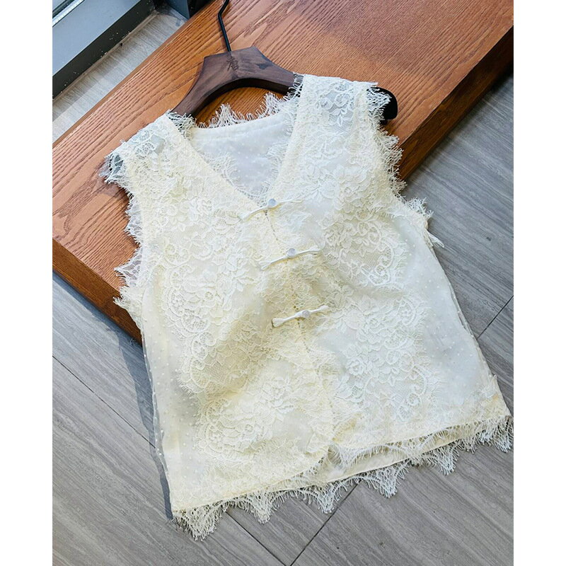 原創夏季新中式馬甲蕾絲提花雙面刺繡中式上衣寬松背心薄款馬褂