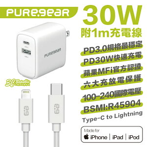 Puregear 普格爾 30W 快充線 充電頭 充電頭 充電器 適用 iPhone 15 Plus Pro Max【APP下單最高22%點數回饋】