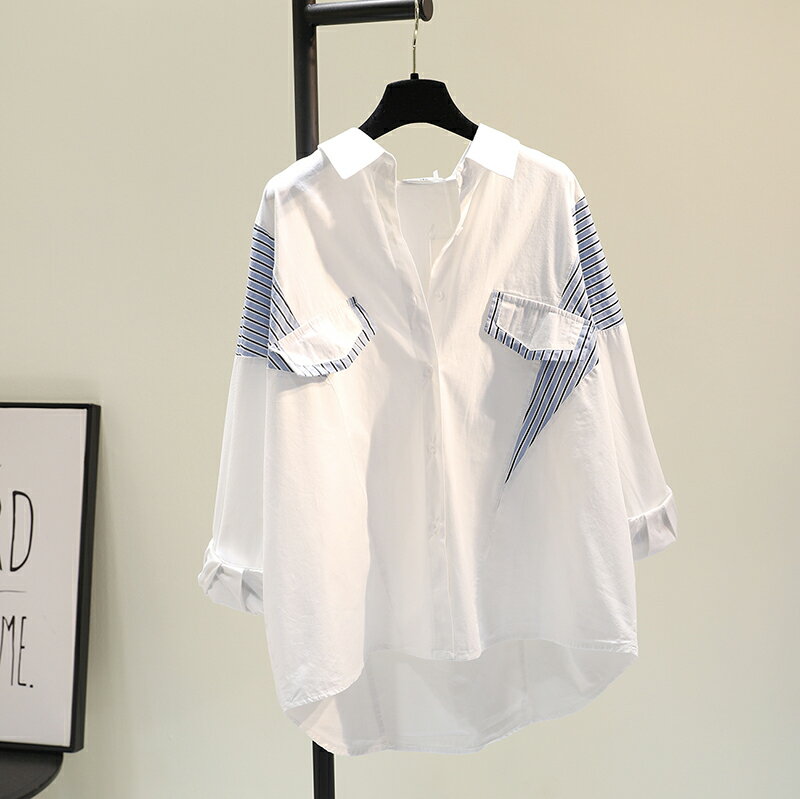 棉質豎條紋拼接白色襯衫女春季新款韓版寬松假兩件襯衣上衣潮