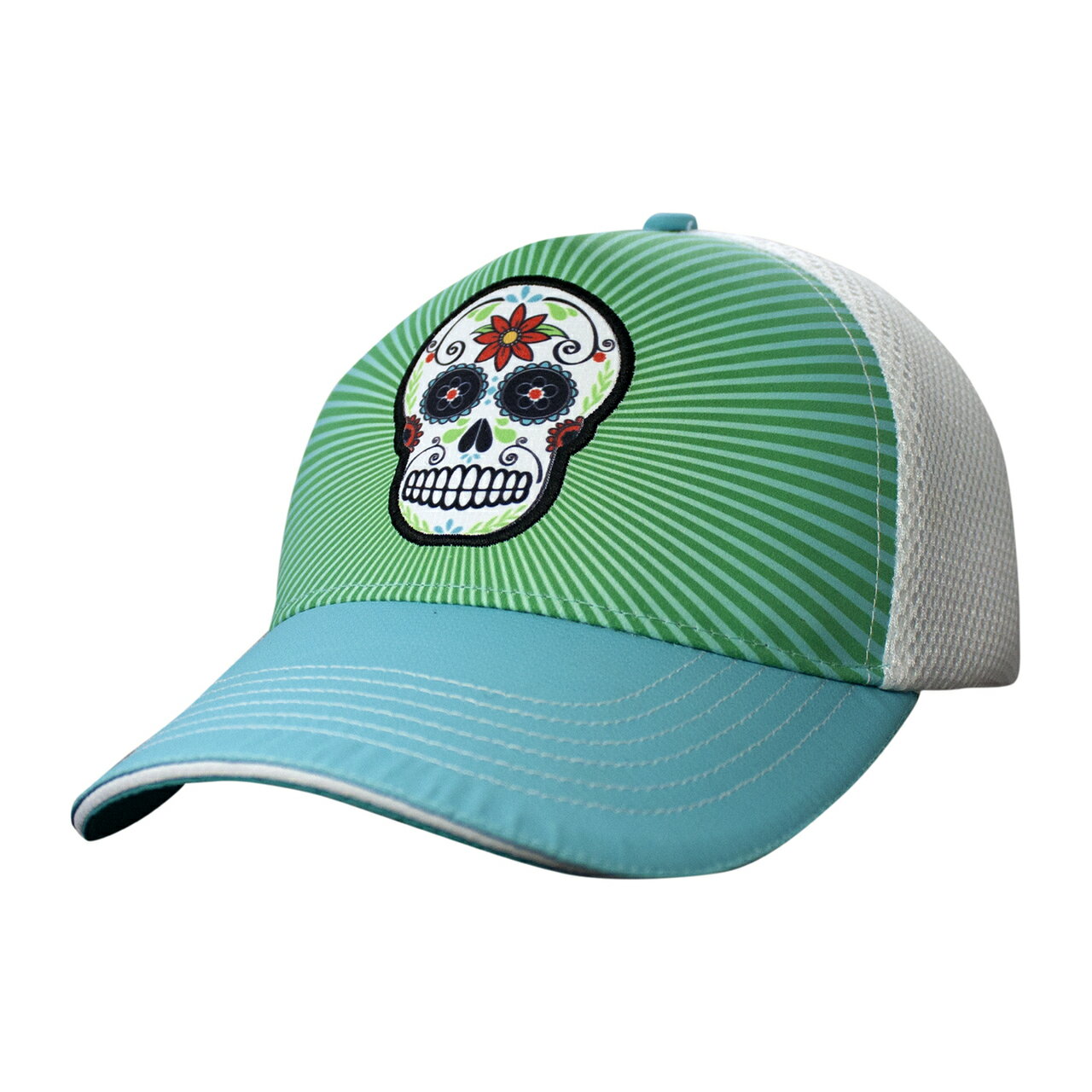 騎跑泳者 - HEADSWEATS 汗淂 (全球運動帽領導品牌) 藍綠底骷髏 5-Panel 網帽 運動帽