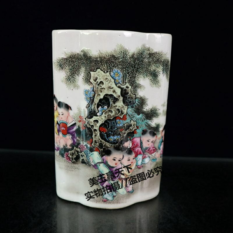 古玩收藏 粉彩嬰戲紋橢圓筆筒仿古文房用品擺件瓷器 童子花插裝飾