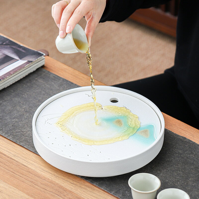 晟窯復古全陶瓷圓形儲水茶盤茶具干泡盤茶海茶臺家用瀝水托盤大號