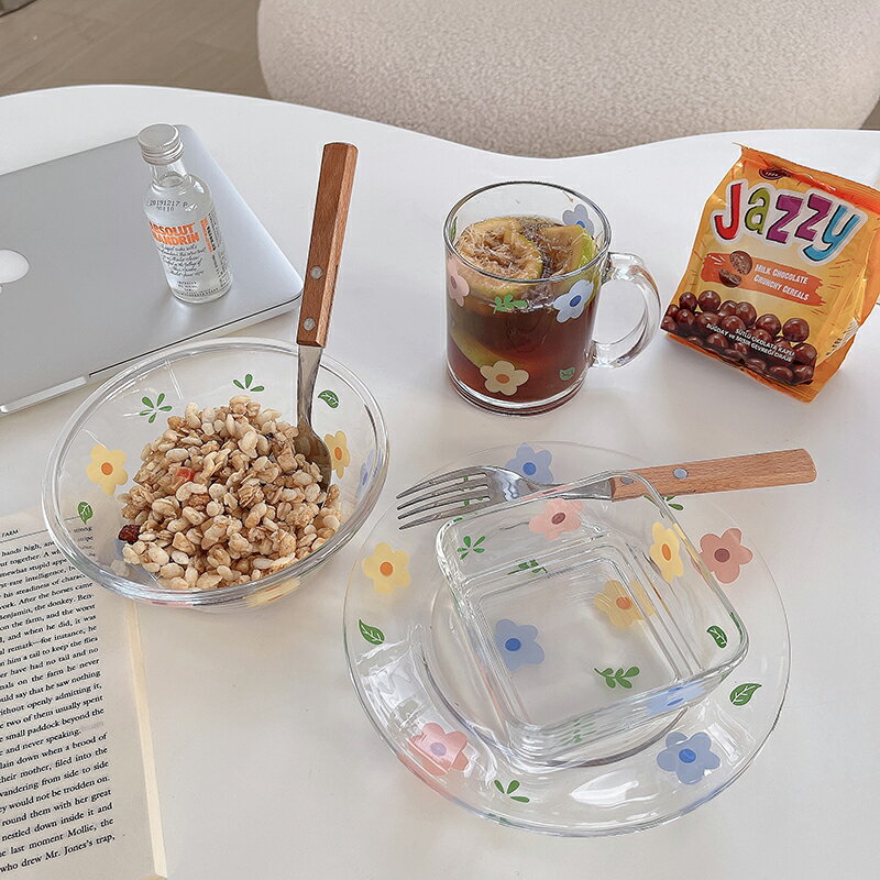 泫雅花玻璃套裝 小花方碗圓碗玻璃馬克杯透明圓盤子ins風可愛餐具