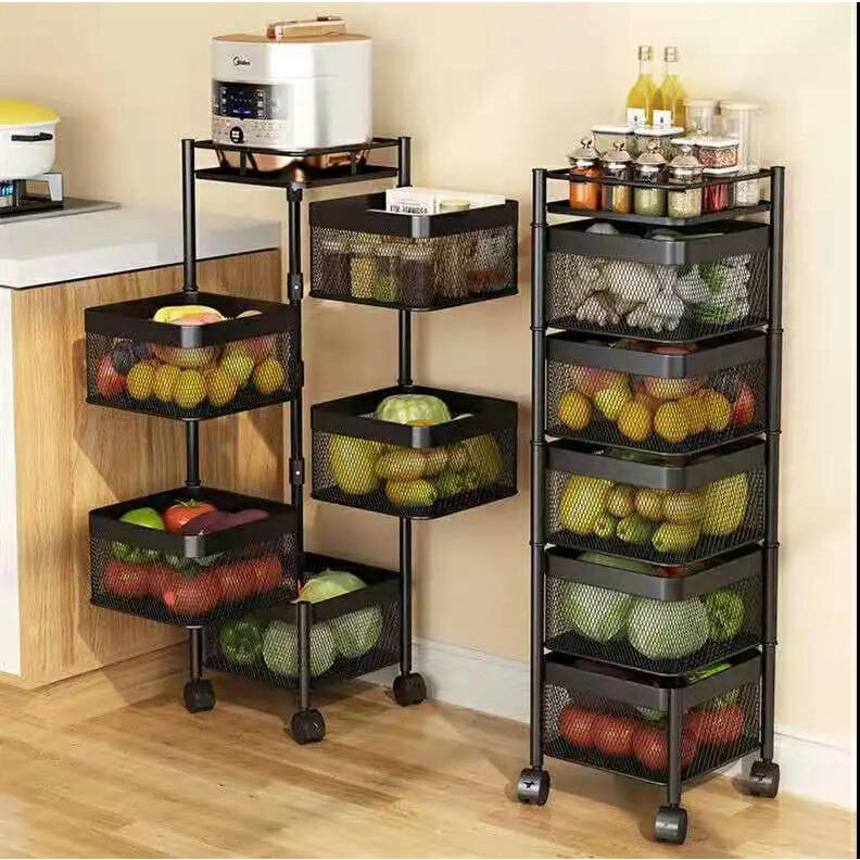 廚房蔬菜置物架多層落地方形可旋轉菜籃子水果轉角濾水水槽帶滑輪廚房邊角利用節省空間提升整潔度