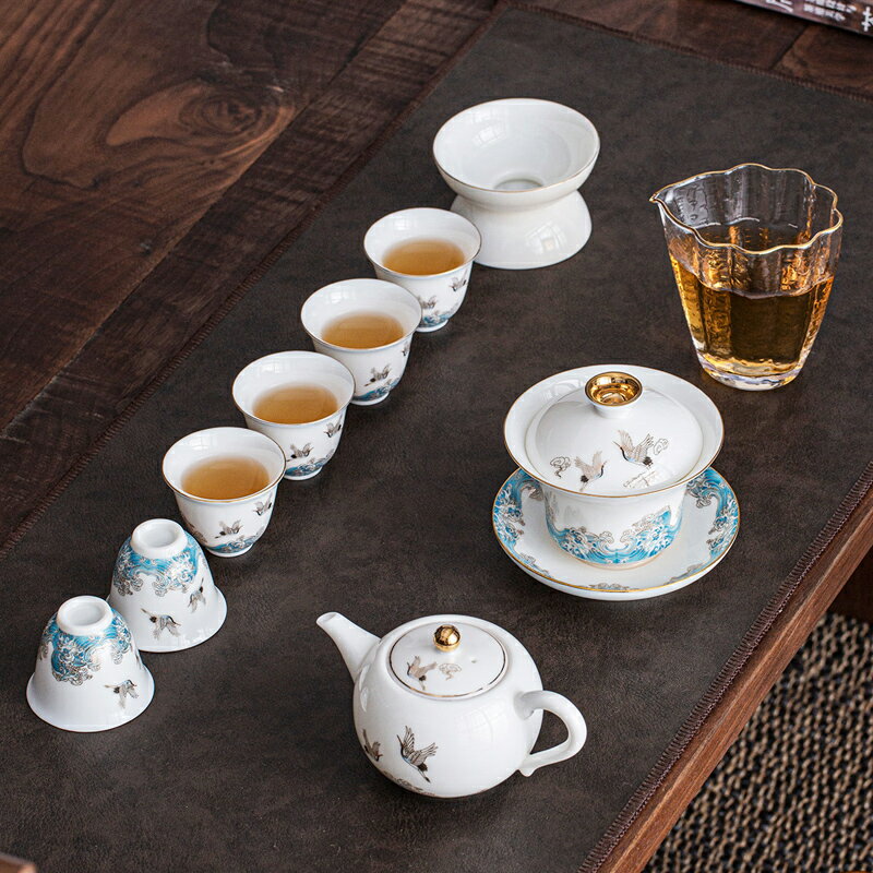 羊脂玉祥鶴茶杯套裝日式杯子家用復古蓋碗茶壺套杯客廳陶瓷茶具
