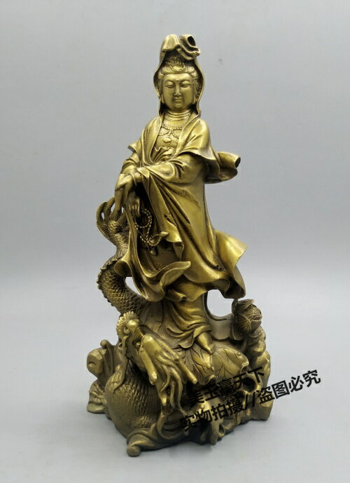 黃銅盤龍觀音 伏龍菩薩擺件 觀世音菩薩銅佛像 黃銅站觀音菩薩像