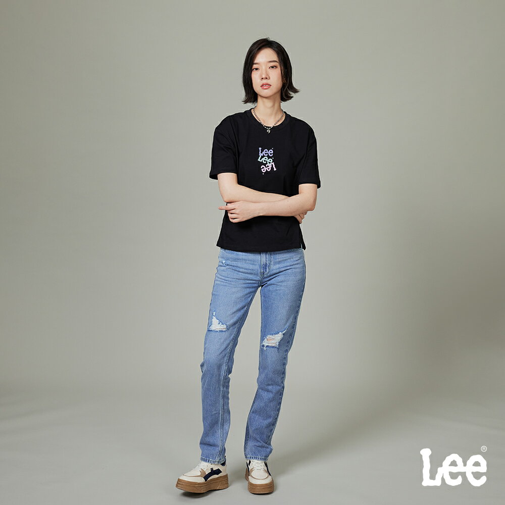 Lee 女款 401 彈性中腰標準小直筒牛仔褲 中藍洗水