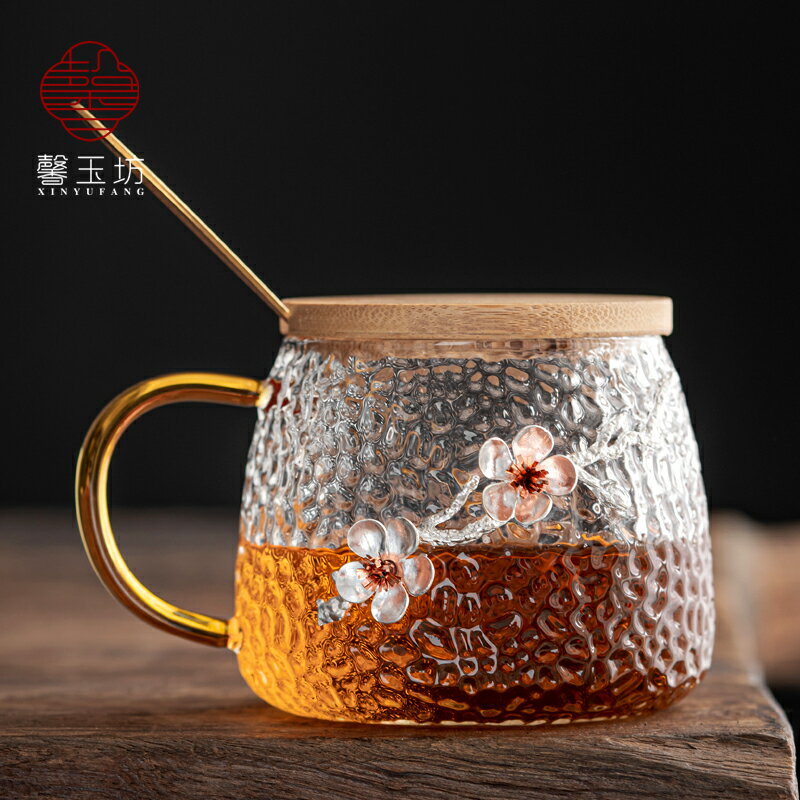 耐熱日式錘紋玻璃杯帶把手家用水杯子喝茶杯咖啡杯帶蓋帶勺早餐杯