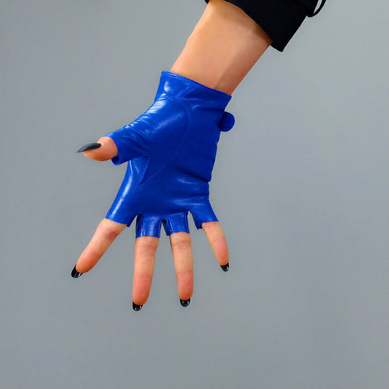 露指皮手套  真皮  克萊因藍色可調節皮帶純羊皮半指無指短款觸屏 1