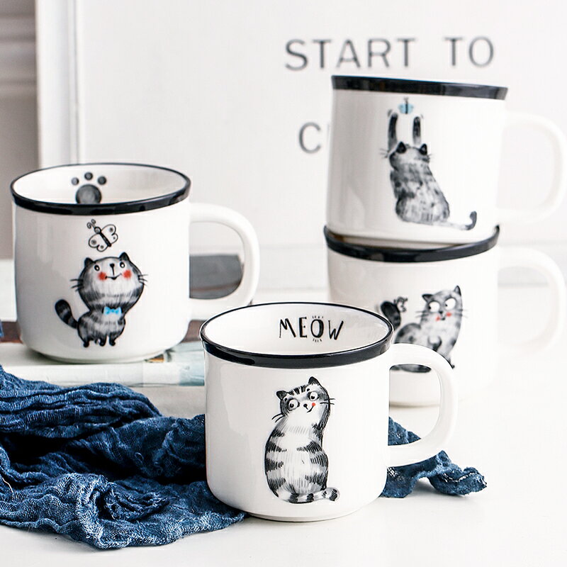 北歐創意手工素描馬克杯早餐牛奶杯咖啡水杯家用陶瓷日式貓釉餐具