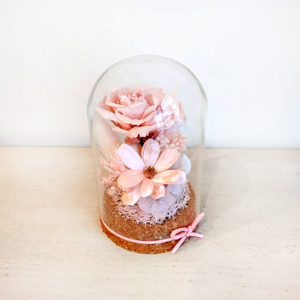 萩蒔花花藝x覓品竹北手作店-乾燥花x永生花創作橢圓玻璃花盅-柔美粉玫瑰