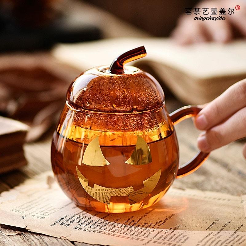 耐高溫帶蓋帶把彩色玻璃杯南瓜杯牛奶早餐杯子家用學生創意水杯