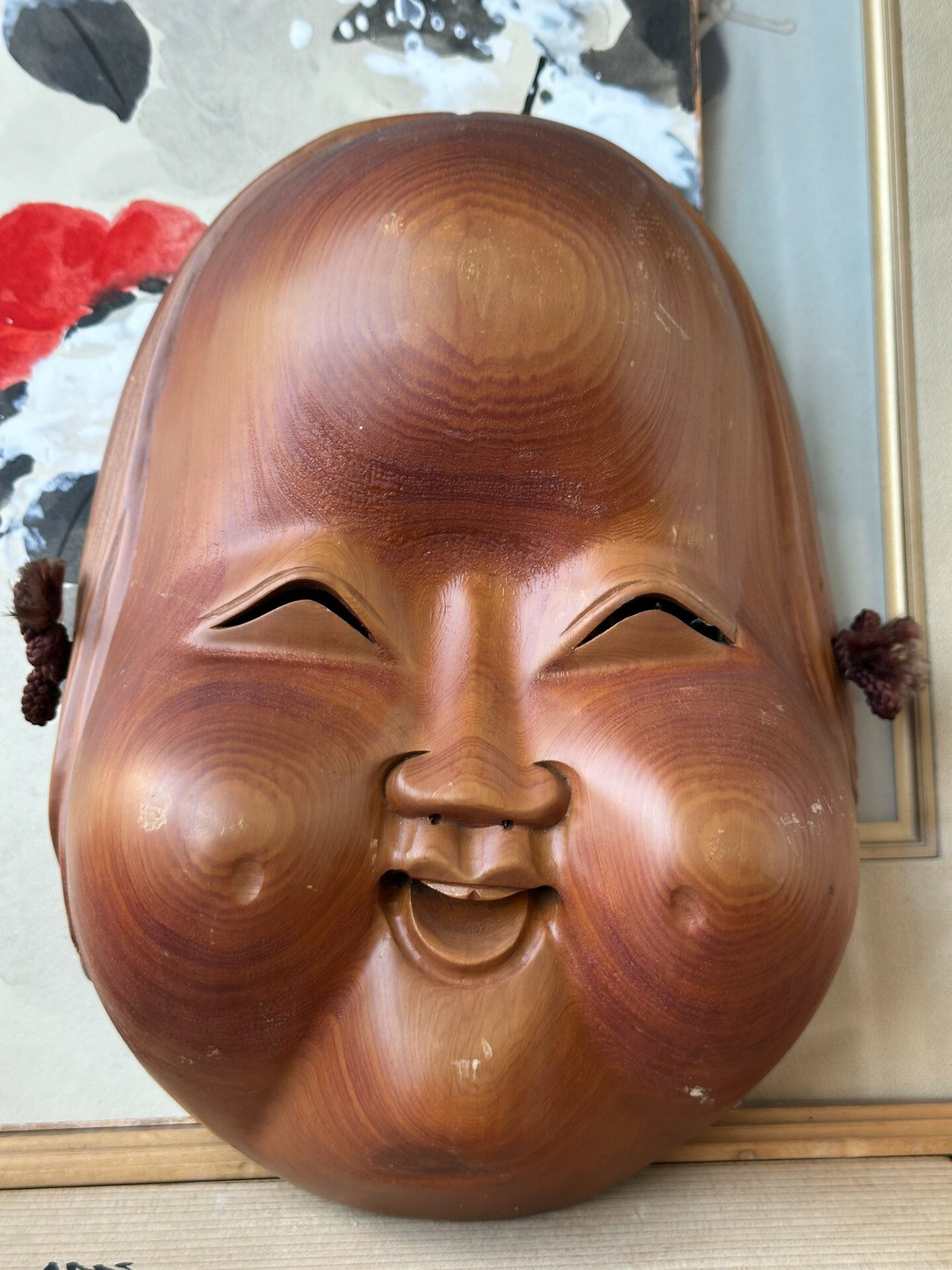 日本回流 能面 阿多福面具，整木挖木雕能面 ，阿多福是日本