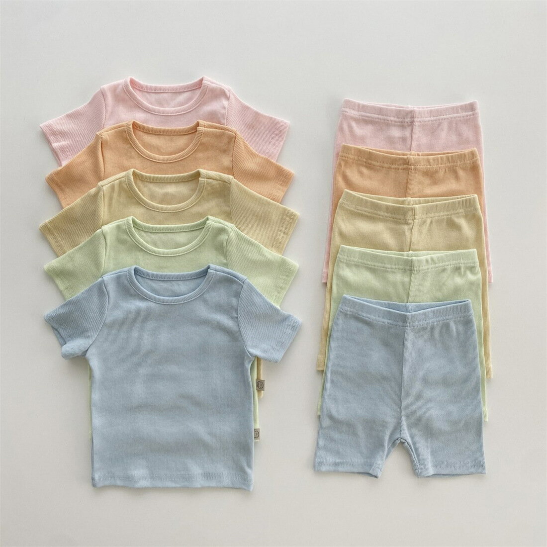 韓國童裝寶寶居家純棉套裝嬰童凈色坑條家居兩件套夏裝家居服套裝