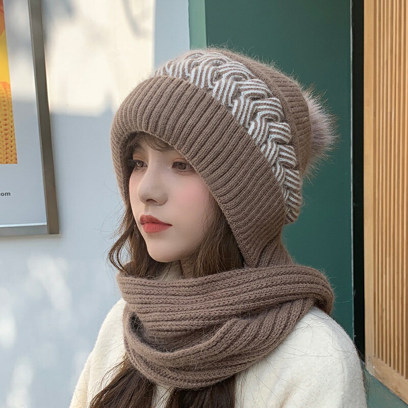 帽子圍巾一體女韓版冬季保暖毛線針織騎車護耳加絨可愛防寒圍脖帽