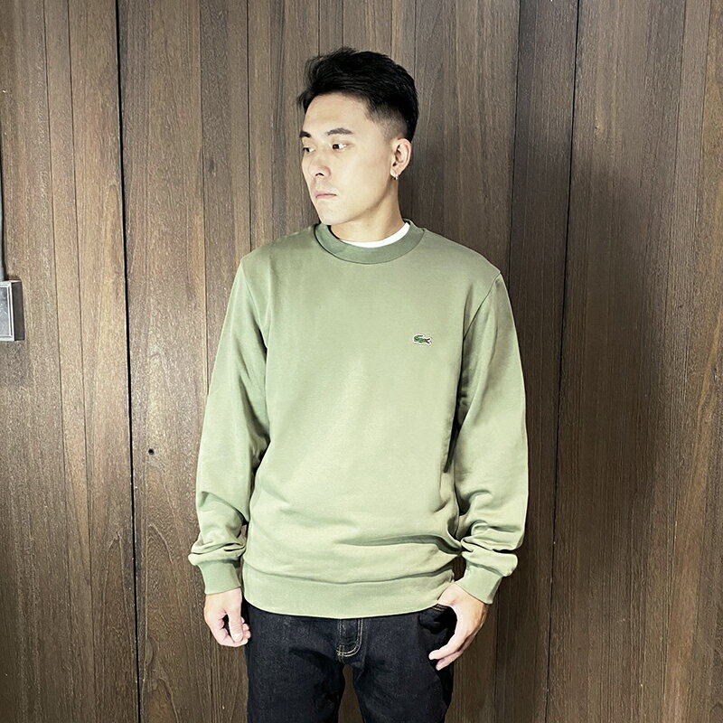 美國百分百【全新真品】Lacoste 大學T 毛巾布 棉質 男款 鱷魚 長袖上衣 logo 綠色 DF40