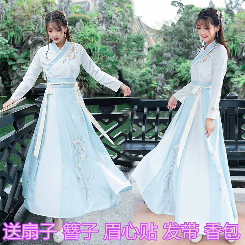 中國風改良傳統日常漢服套裝女夏古裝繡花交領齊腰襦裙學生演出服