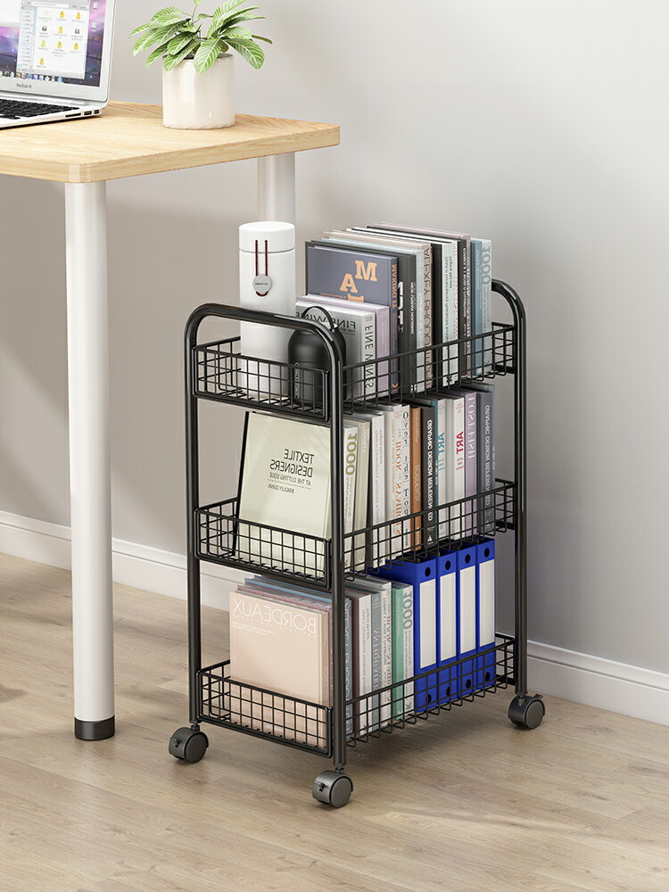 簡易小書架落地桌旁置物架可移動帶輪桌邊閱讀架簡易書桌下收納柜