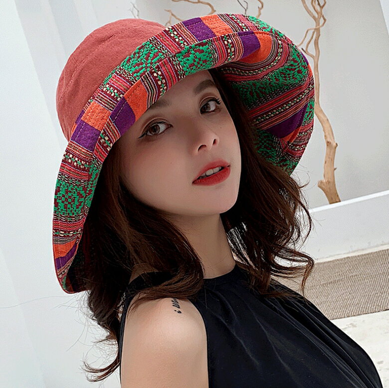 出遊遮陽圓帽,大帽檐可遮臉護頸.多色渔夫帽,百搭民族風,可折疊,雙面戴.