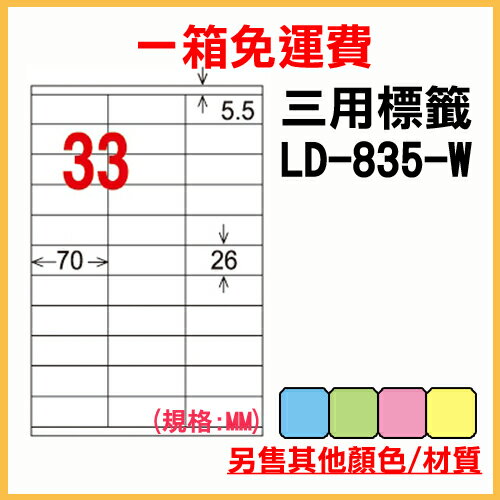 龍德 列印 標籤 貼紙 信封 A4 雷射 噴墨 影印 三用電腦標籤 LD-835-W-A 白色 33格 1000張 1箱