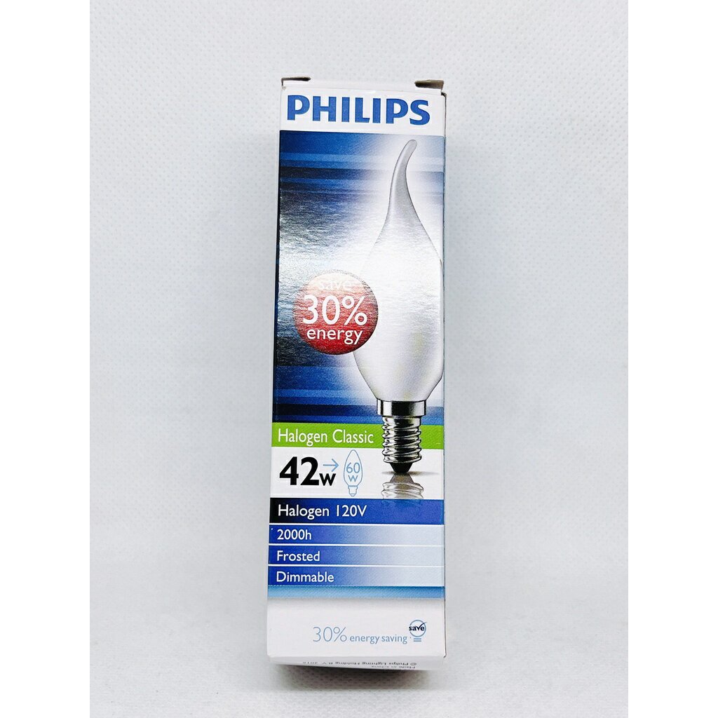 PHILIPS 飛利浦 拉尾蠟燭省電鹵素燈 42W 120V E14 可調光