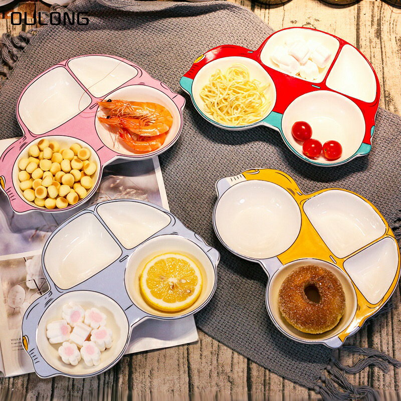兒童陶瓷餐具創意卡通汽車碗可愛分格盤寶寶家用輔食點心碗配叉勺
