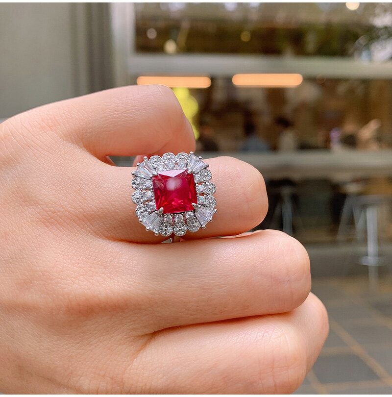 人工彩鉆歐美微鑲嵌紅寶石戒指女科技寶石時尚個性送媽媽禮物