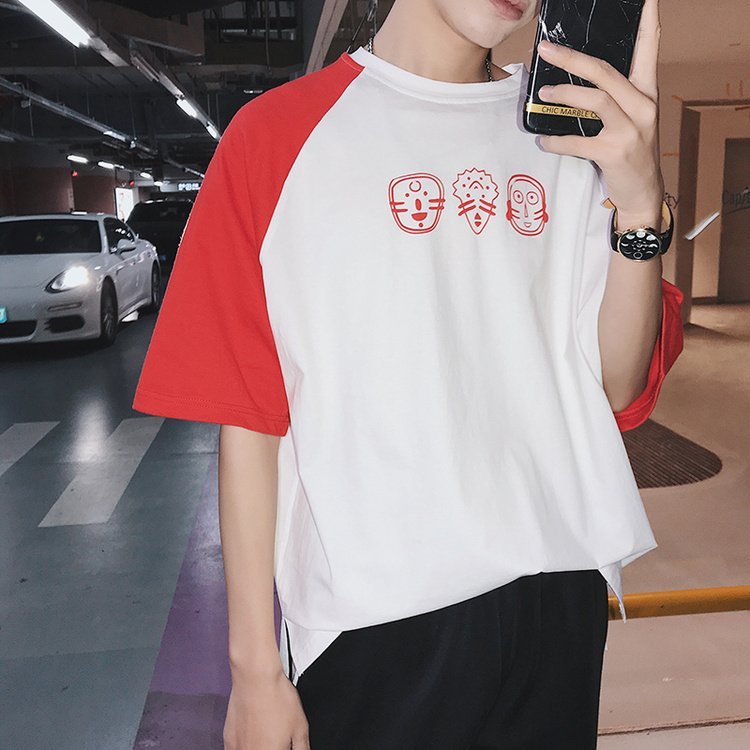 FINDSENSE G6 韓國時尚 夏季新款港風文藝男拼接撞色寬鬆短袖T恤男女卡通圖案T