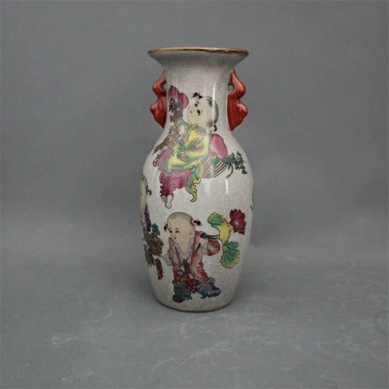 景德鎮仿古陶瓷乾隆粉彩嬰戲圖開片花瓶家居裝飾擺件展櫃收藏做舊