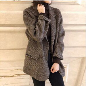 羊絨大衣女秋冬新款韓版寬鬆小個子赫本風西裝格子毛呢外套