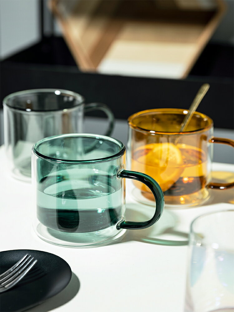 摩登主婦家用雙層隔熱杯帶把茶杯多色大容量簡約ins杯子玻璃水杯