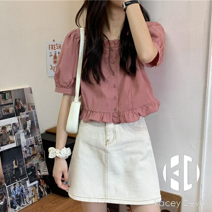 白色襯衫女夏短款方領短袖襯衣泡泡袖上衣【聚物優品】