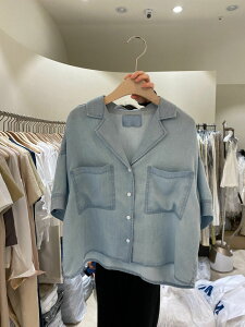 韓國夏季藍色西裝領雙口袋短袖牛仔襯衫外套上衣女