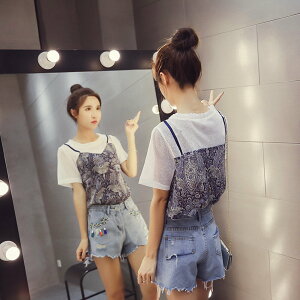 FINDSENSE G5 韓國時尚 網格 透視 復古 印花 假兩件式 T恤 短袖上衣