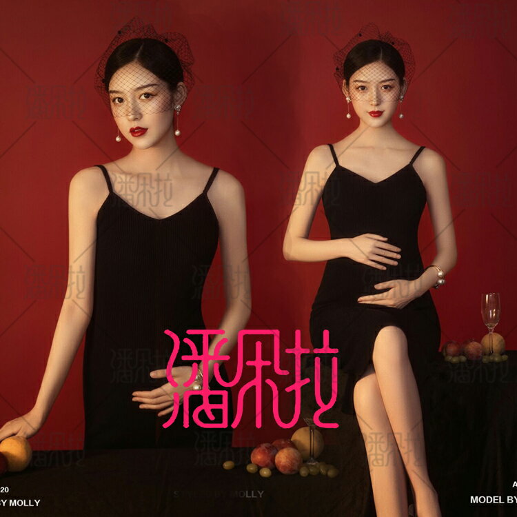 2021孕婦拍照攝影主題服裝黑色彈力吊帶連衣裙媽咪孕婦照攝影禮服