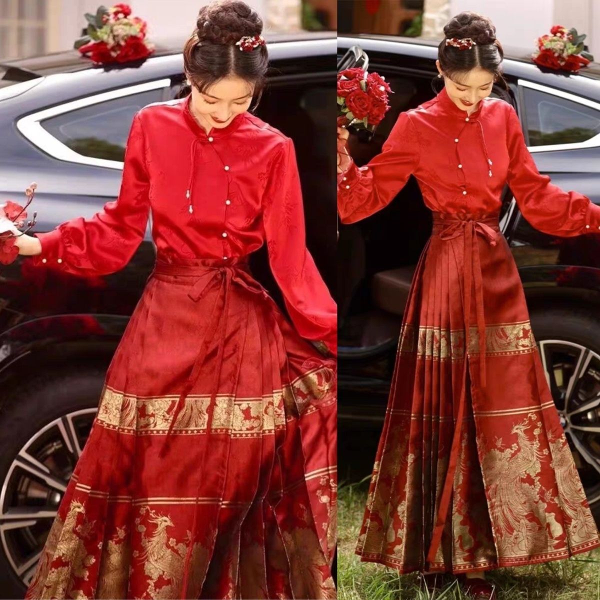 【最低價】【公司貨】大碼胖mm新中式國風紅色新娘禮服女上衣馬面裙漢服兩件套裝200斤