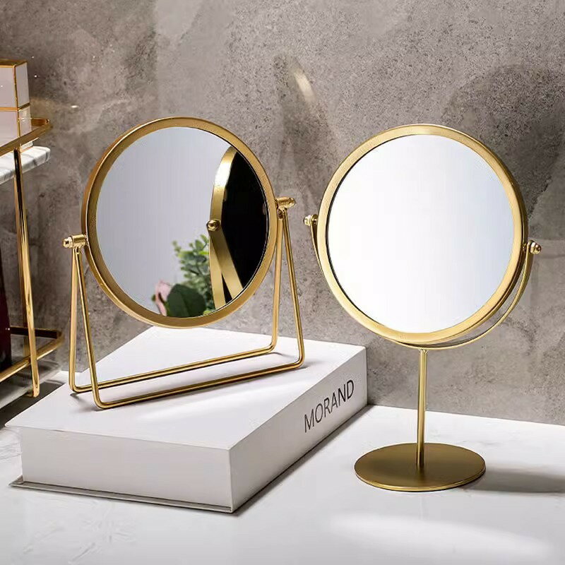 【滿299出貨】ins風歐式臺式化妝鏡梳妝鏡可旋轉宿舍女學生桌面鏡銅鏡便攜鏡子