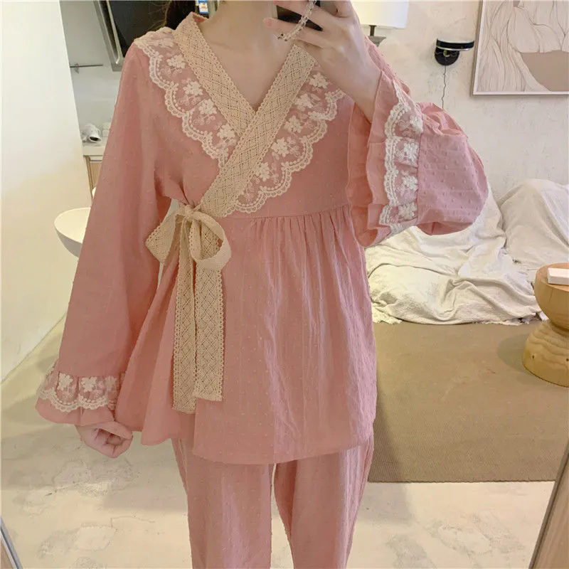 女士睡衣 宮廷風睡衣套裝 女長袖睡衣 可外穿家居服套裝 甜美蕾絲系帶睡衣套裝 女生睡衣 居家睡衣【不二雜貨】