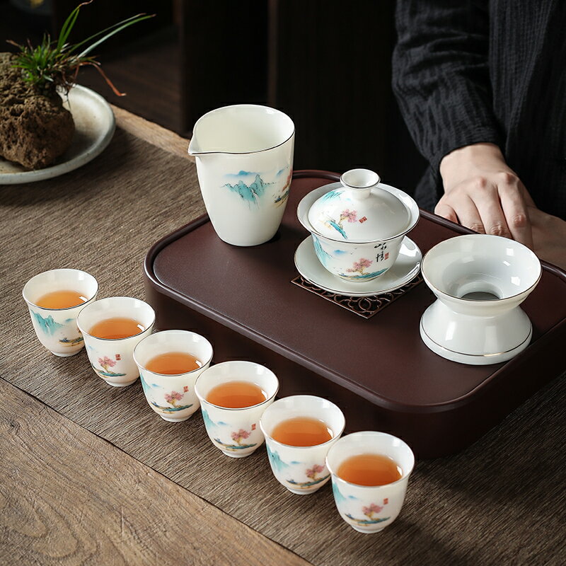 羊脂玉白瓷功夫茶具家用辦公會客泡茶蓋碗茶杯套裝陶瓷茶具禮盒裝