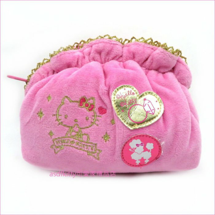 asdfkitty可愛家☆展示品出清-KITTY貴賓狗荷葉邊大容量化妝包-拉鍊開口防水布內裡-日本正版商品