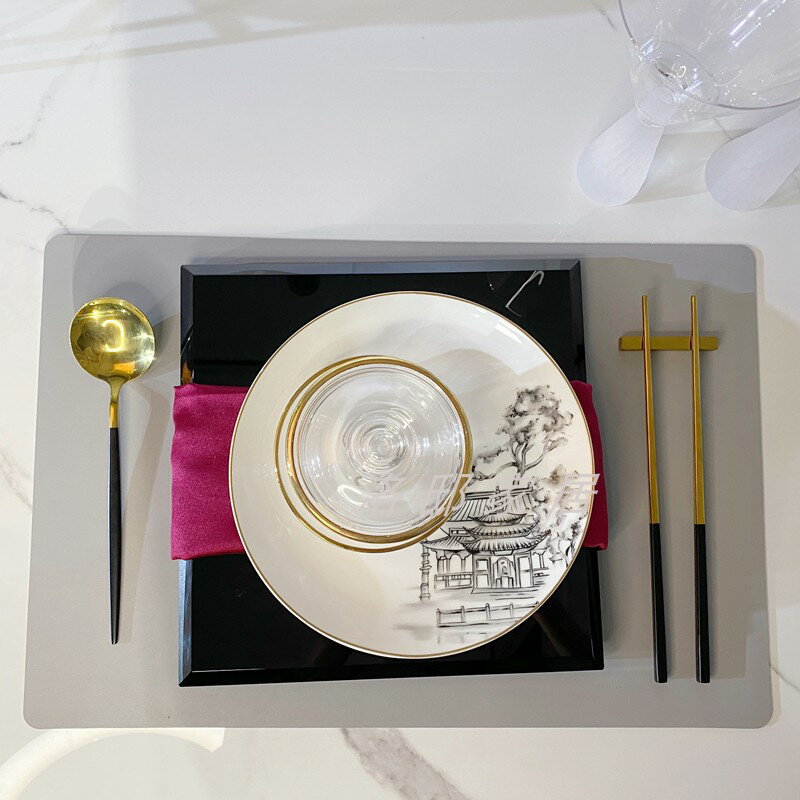 中國風新中式紅色高檔輕奢山水畫餐具餐盤餐桌樣板房間擺件售樓處